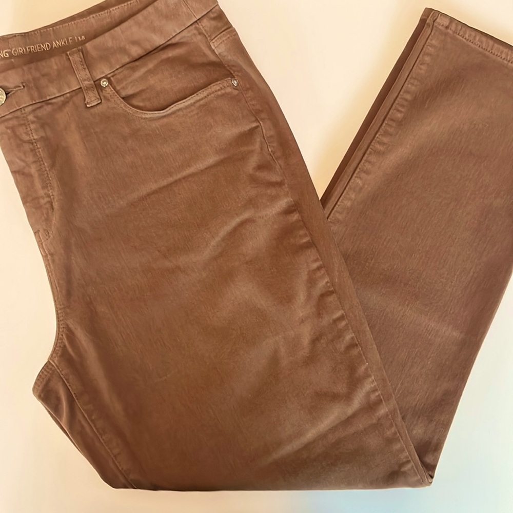 Chico’s So Slimming Girlfriend ankle jeans, brown, size 10